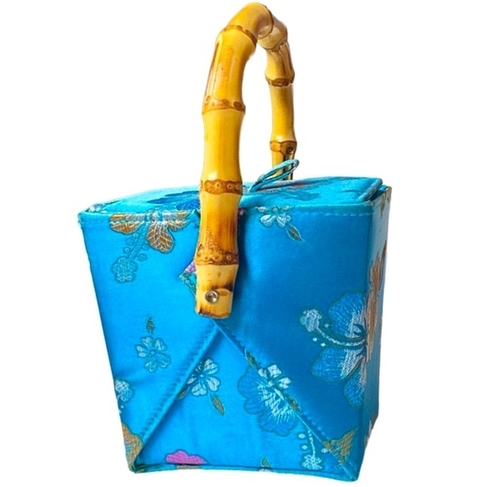 TOZAI Vintage Satin Chinese Takeout Box Purse Bamboo Handle Blue Floral